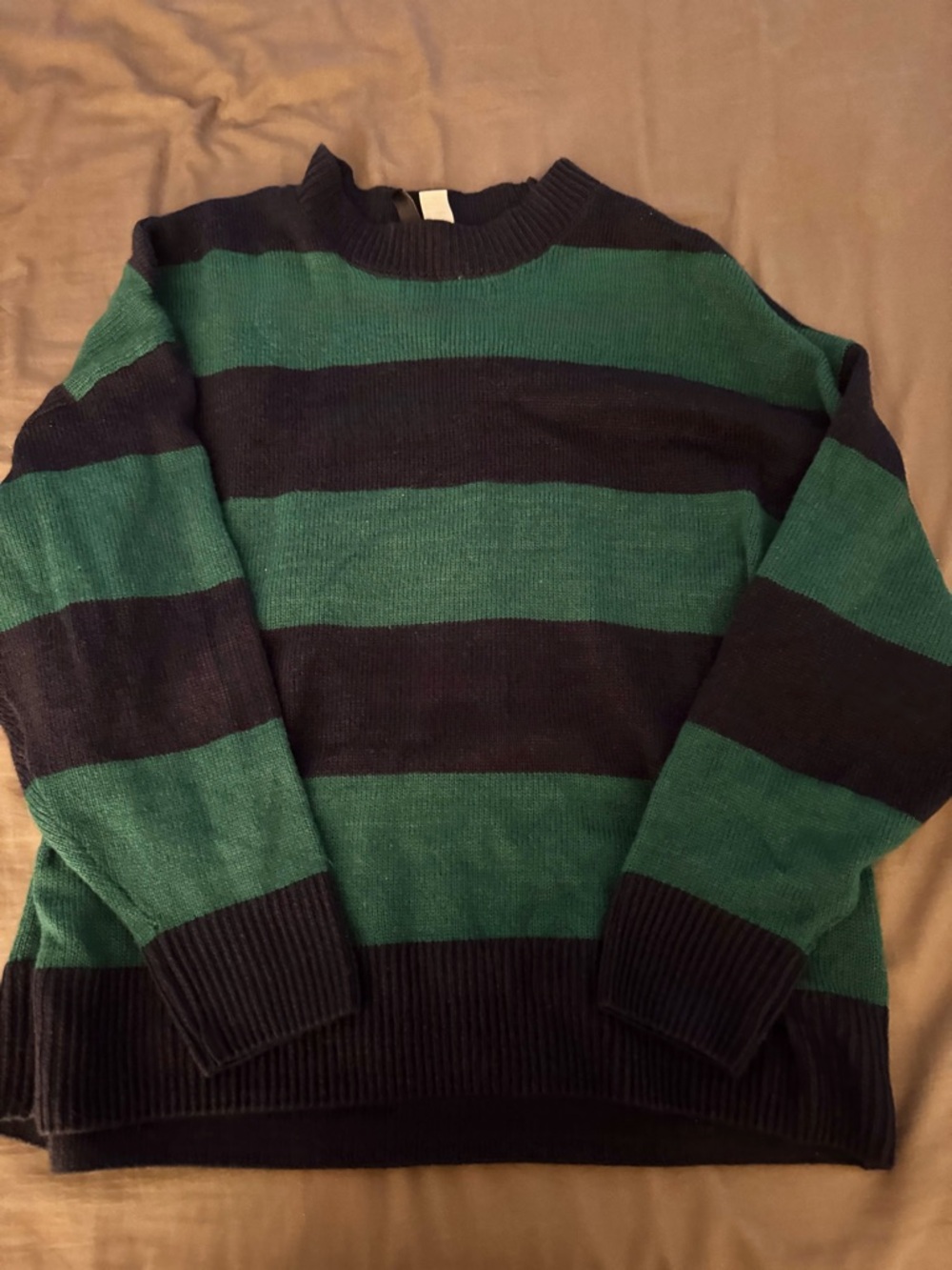 H&M DIVIDED Women's Green and Navy Striped Crewneck Sweater